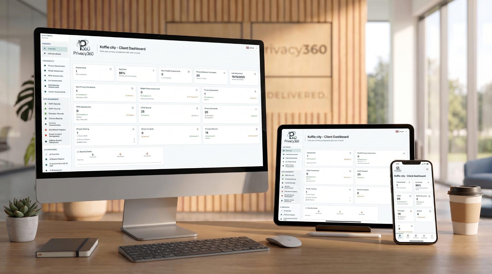 Privacy360 platform shown on desktop, tablet and mobile