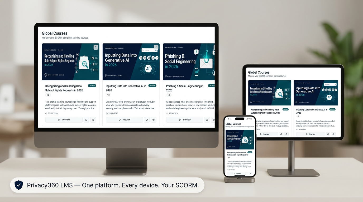Privacy360 LMS shown across desktop, tablet and mobile devices — global courses library with SCORM 1.2 and 2004 support.
