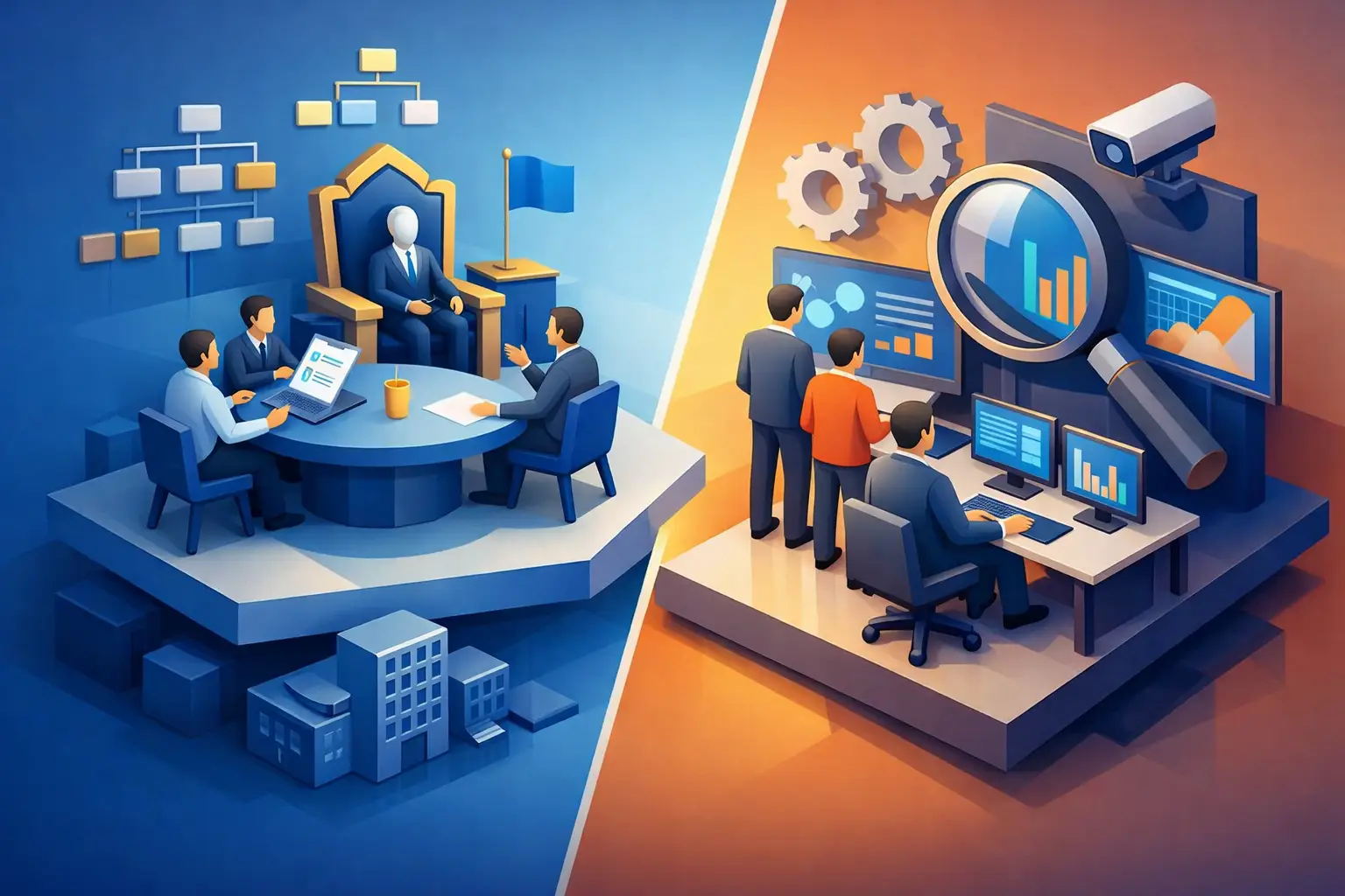 Split illustration contrasting a governance boardroom with an oversight monitoring team