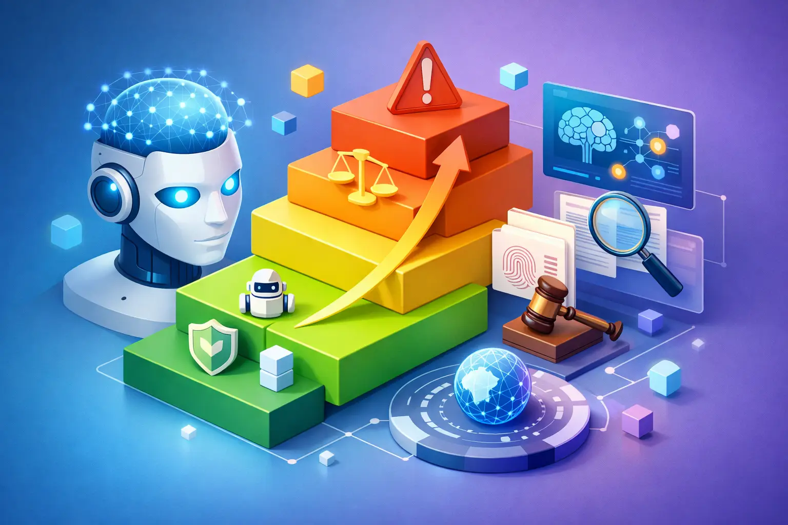 3D illustration of AI Act risk classification tiers with robot head, scales of justice, warning marker and governance dashboards