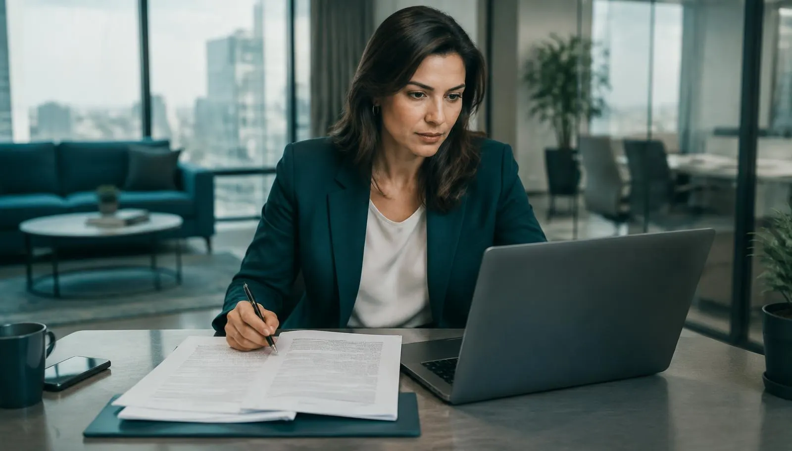 Legal professional reviewing a data processing agreement on a laptop in a modern office