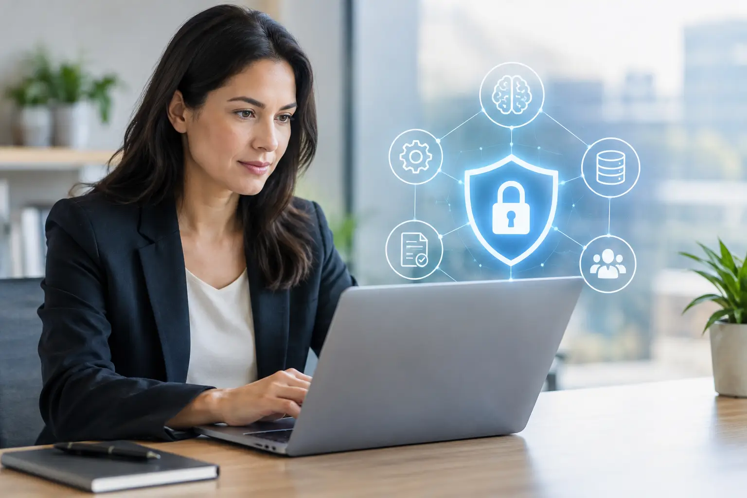 Professional reviewing AI governance controls on a laptop with security, data and oversight icons