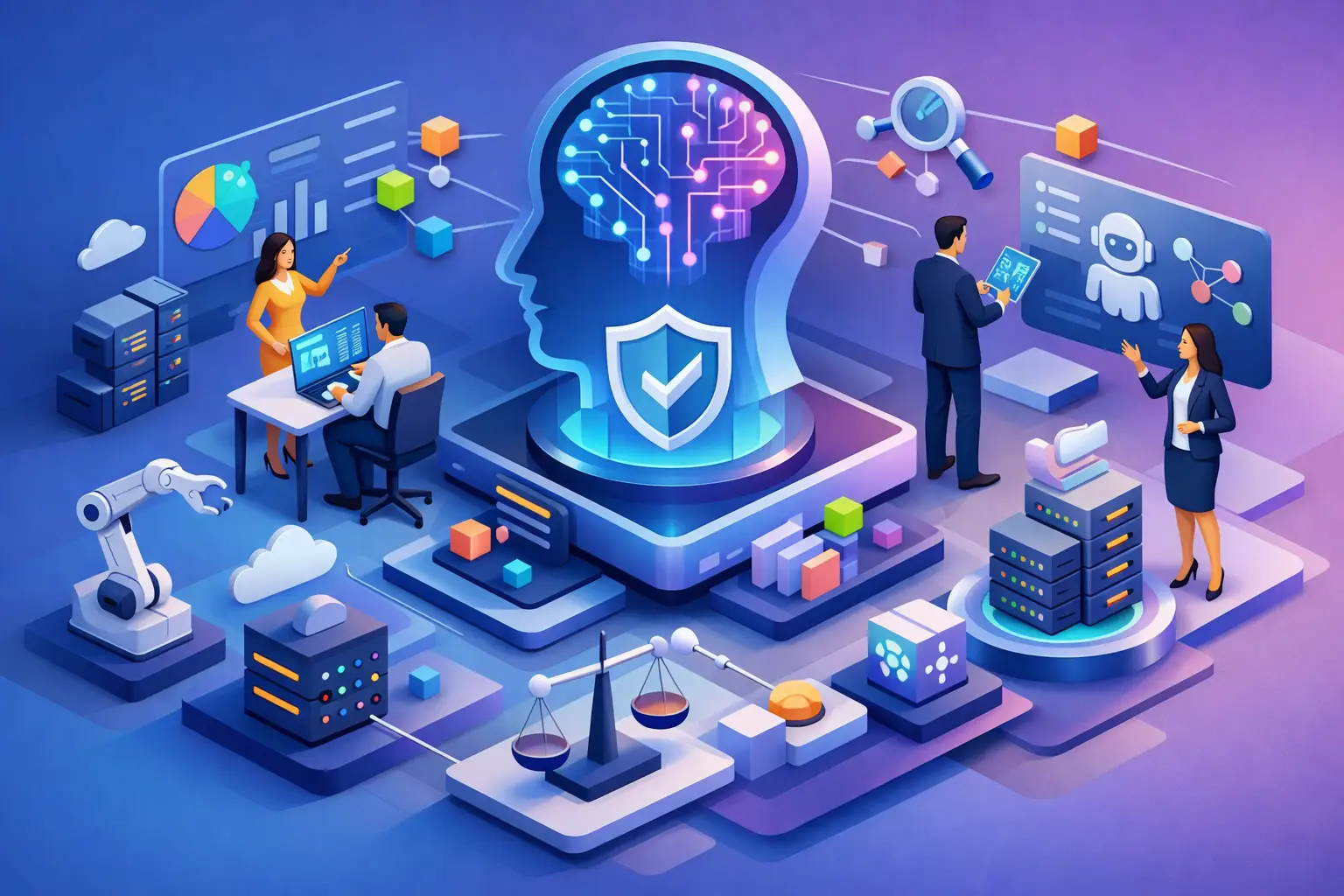 Isometric illustration of an enterprise AI governance operating model with people, dashboards, servers and scales of justice