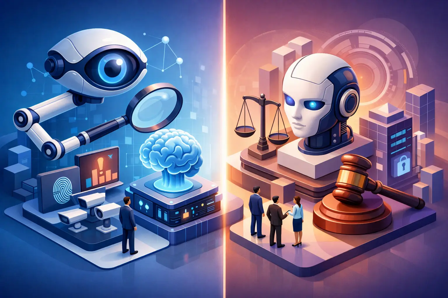 Split illustration contrasting AI oversight monitoring on one side with AI governance structure, scales of justice and policy controls on the other