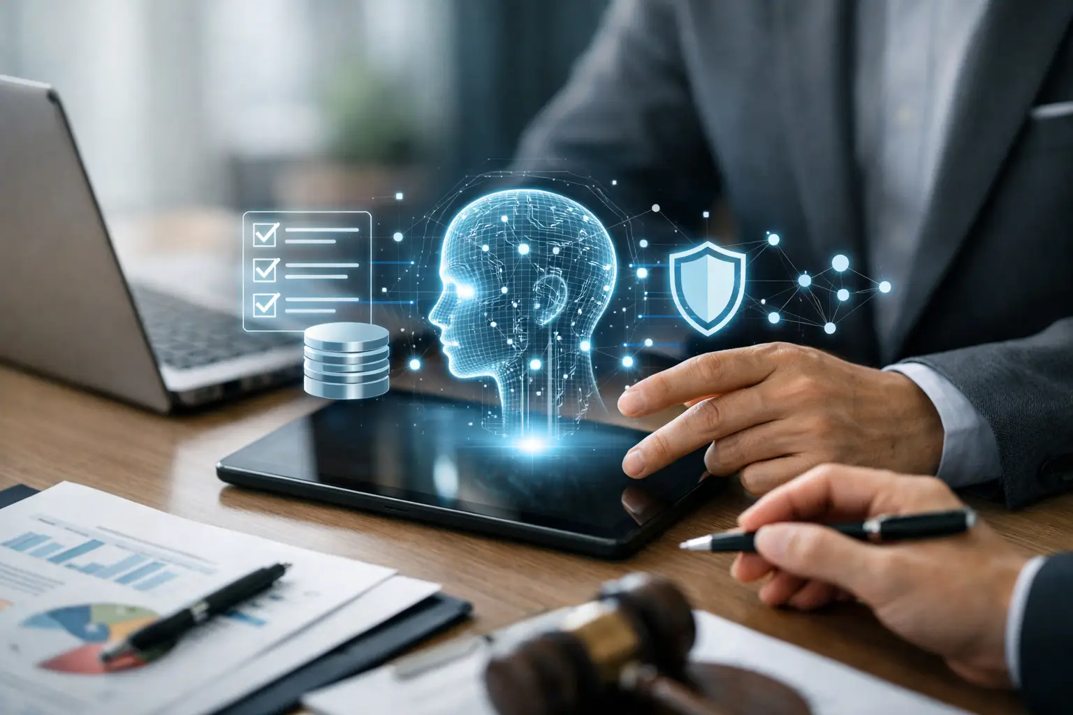 Professional using a tablet showing a holographic AI head with compliance checklist, database and shield icons beside a laptop and legal gavel