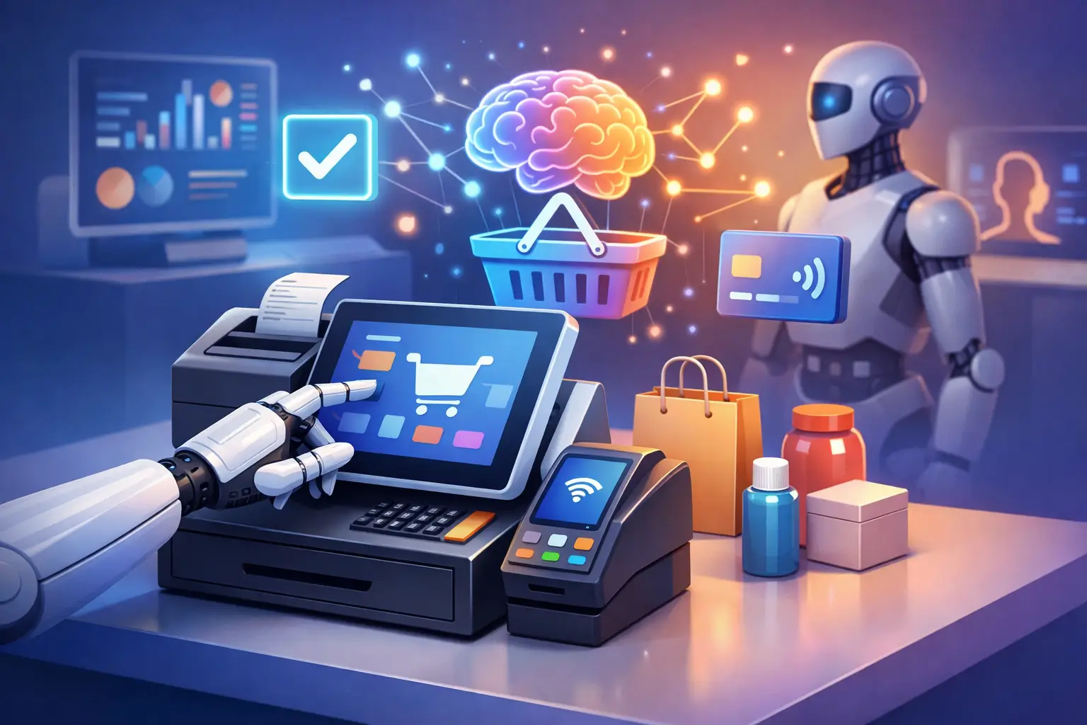 3D illustration of AI register implementation with a humanoid robot at a retail checkout, neural network brain, dashboards and product data feeding a governed AI system