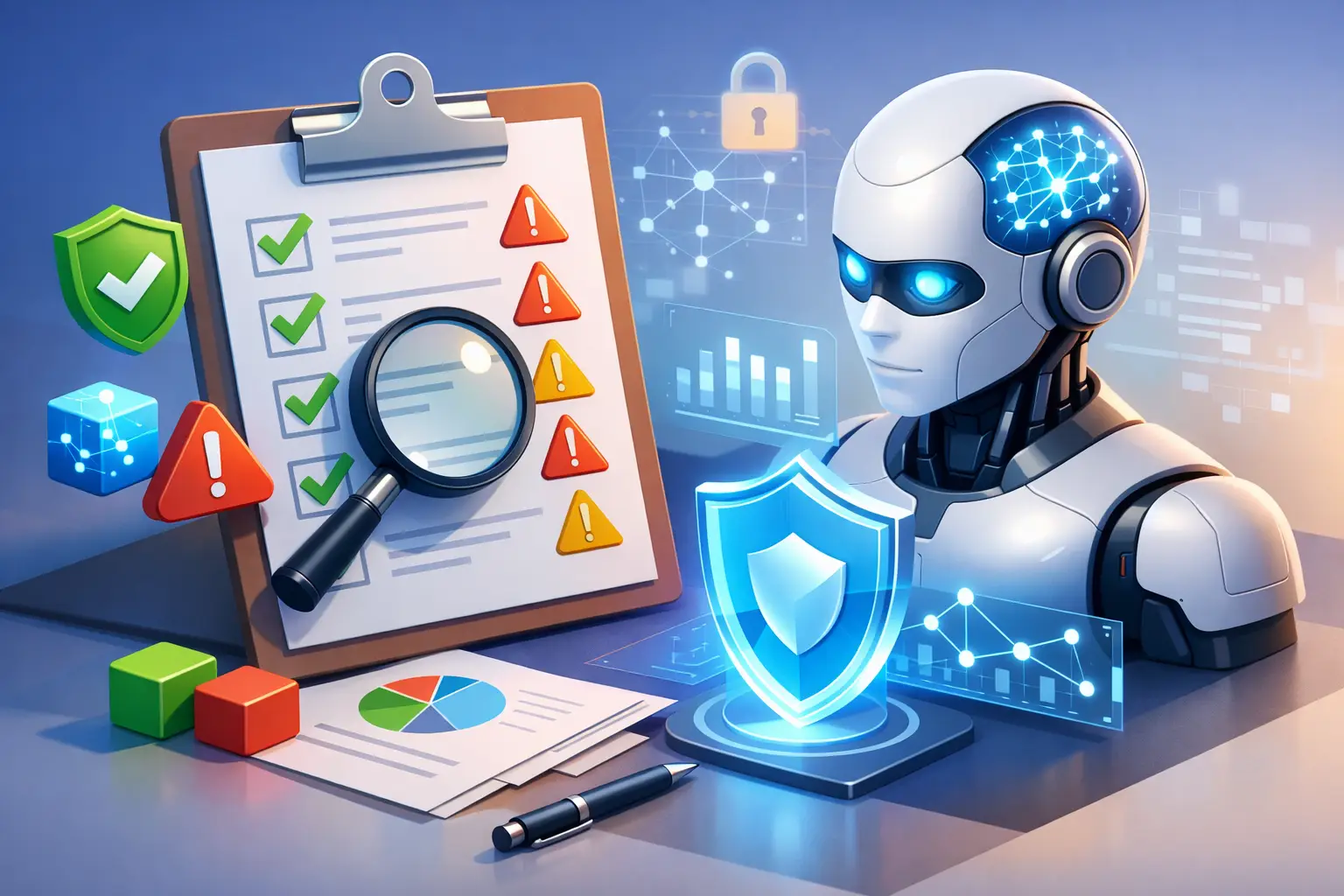 3D illustration of an AI risk register review with clipboard checklist, magnifier, risk warning markers, governance shield and AI assistant figure