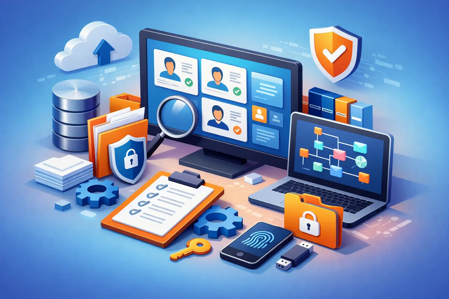 Isometric illustration of DSAR workflow tools with identity verification, case routing and secure evidence handling