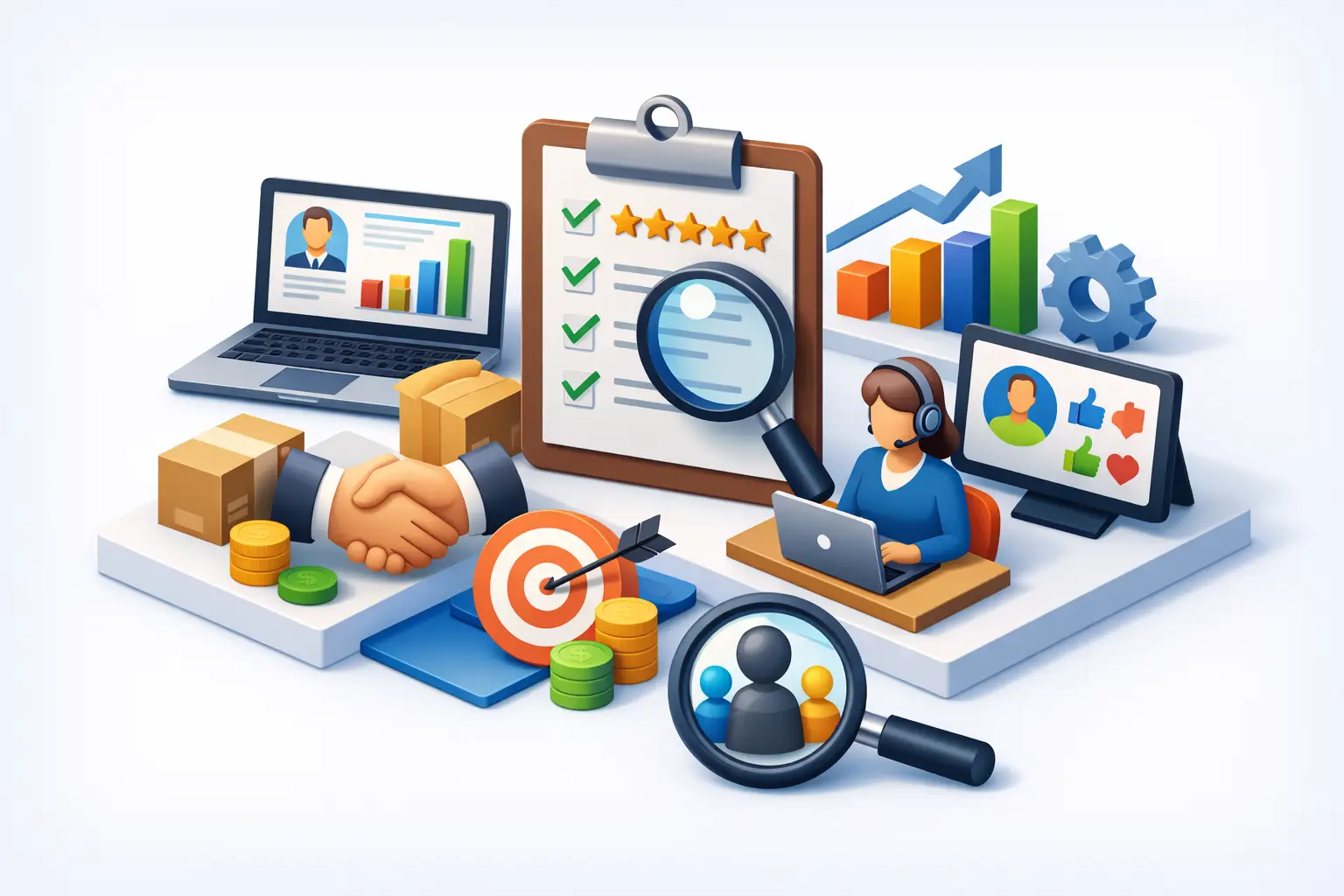 Isometric illustration of a supplier review workspace with clipboard checklist, magnifier, handshake, analytics dashboards and reviewer at laptop