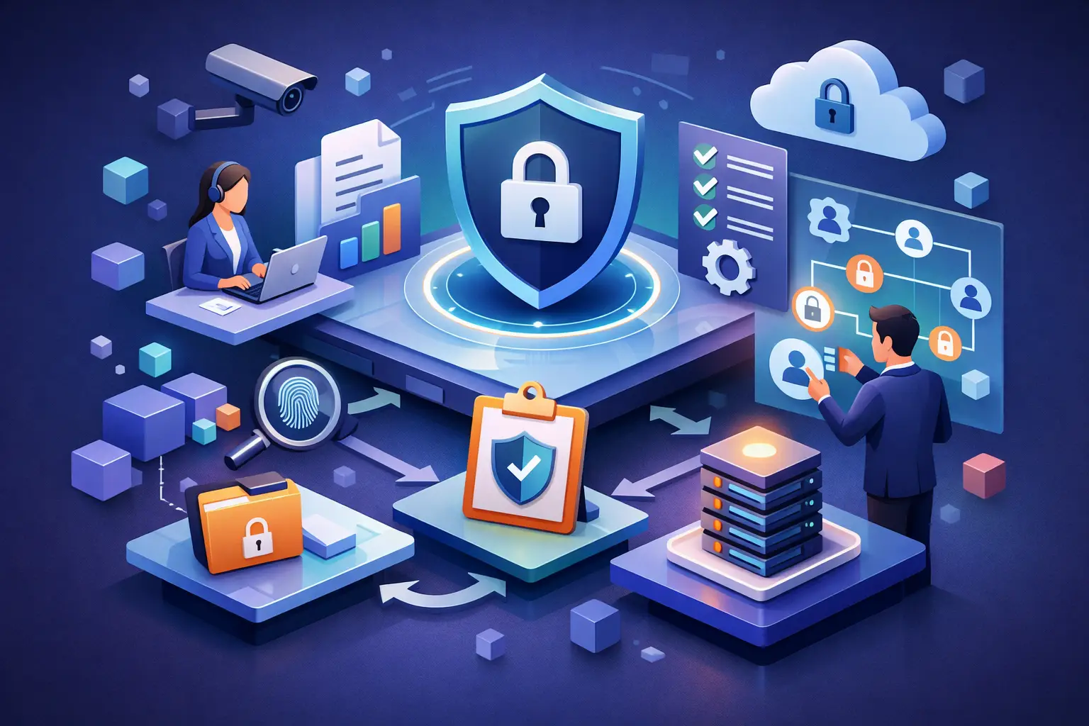 3D illustration of privacy governance workflows with a central security shield, checklists, records and privacy team members