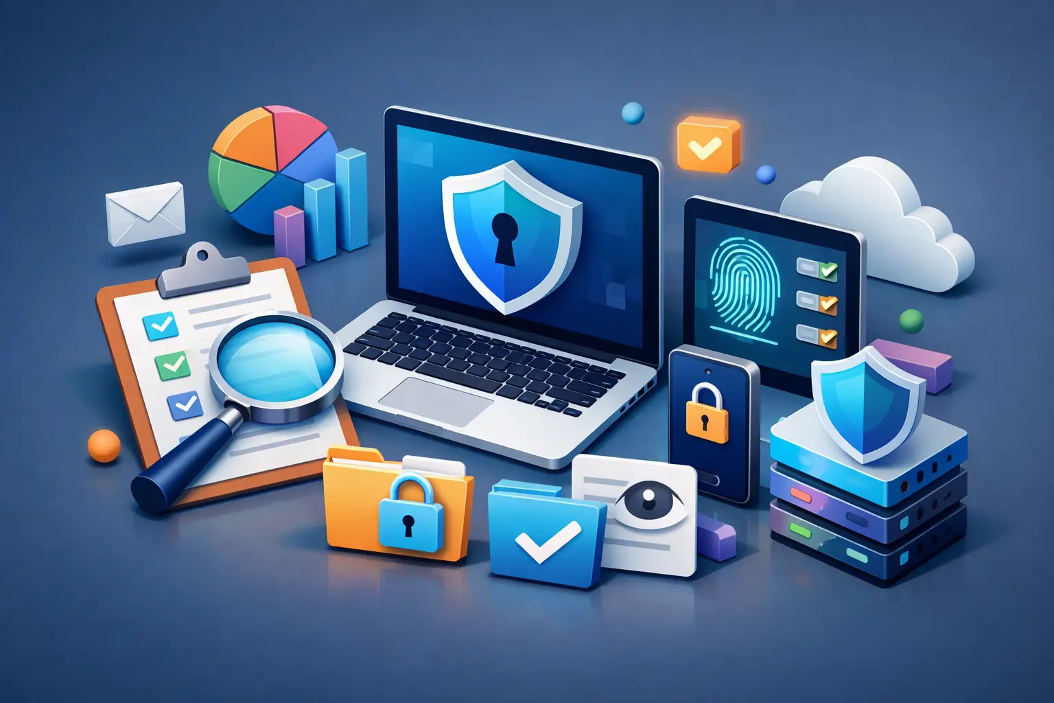 Isometric illustration of privacy impact assessment software: laptop with shield, checklists, magnifying glass, fingerprint, locked folders and cloud records