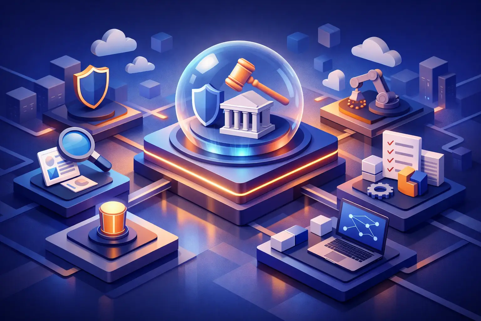 3D illustration of a unified governance platform with a central gavel and shield surrounded by connected compliance workflows