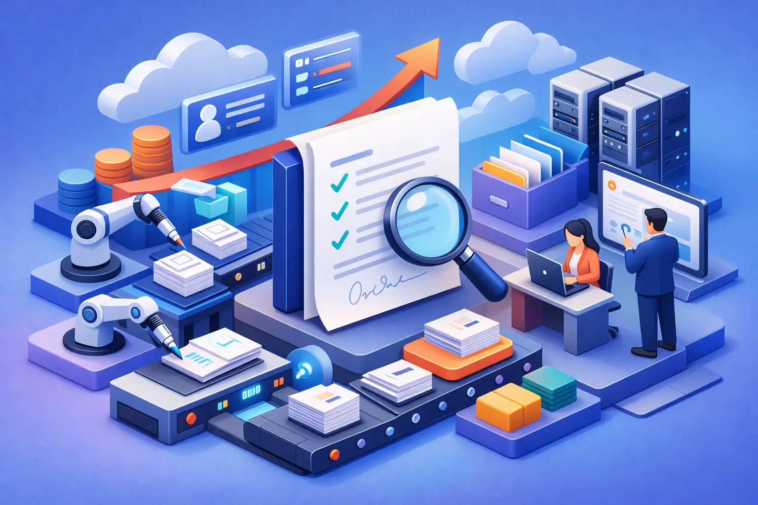 3D illustration of automated contract review workflow with document under magnifier, robotic arms signing, conveyor of contracts, cloud storage and reviewers