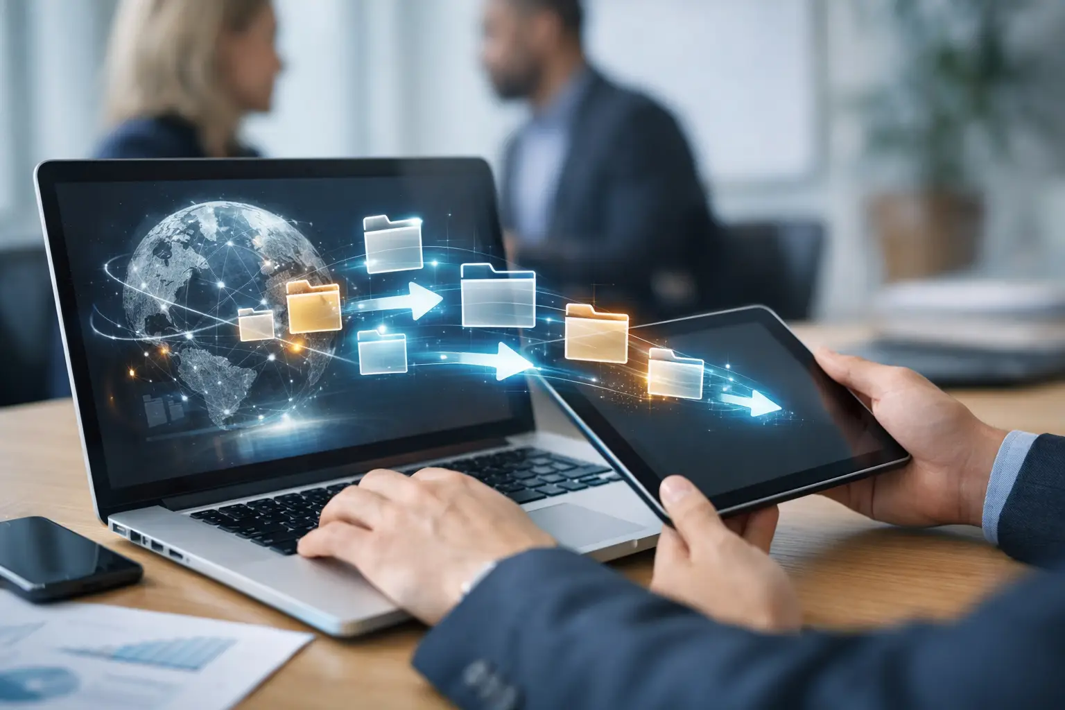Cross-border data transfer between laptop and tablet illustrating international data flows