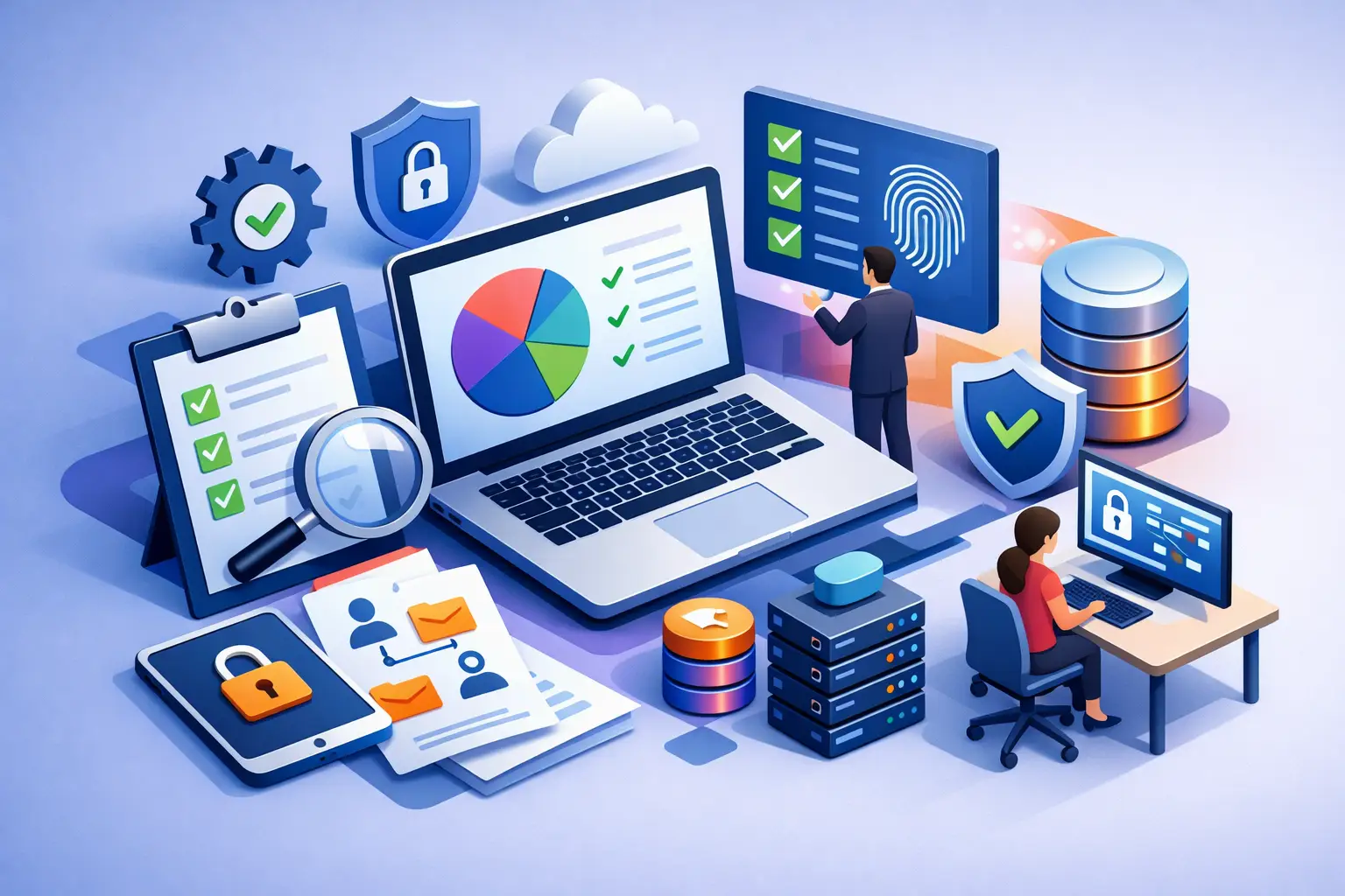 Isometric illustration of an enterprise DPIA review setup with laptop, dashboards, audit checklists, security shields and reviewers working on assessment records