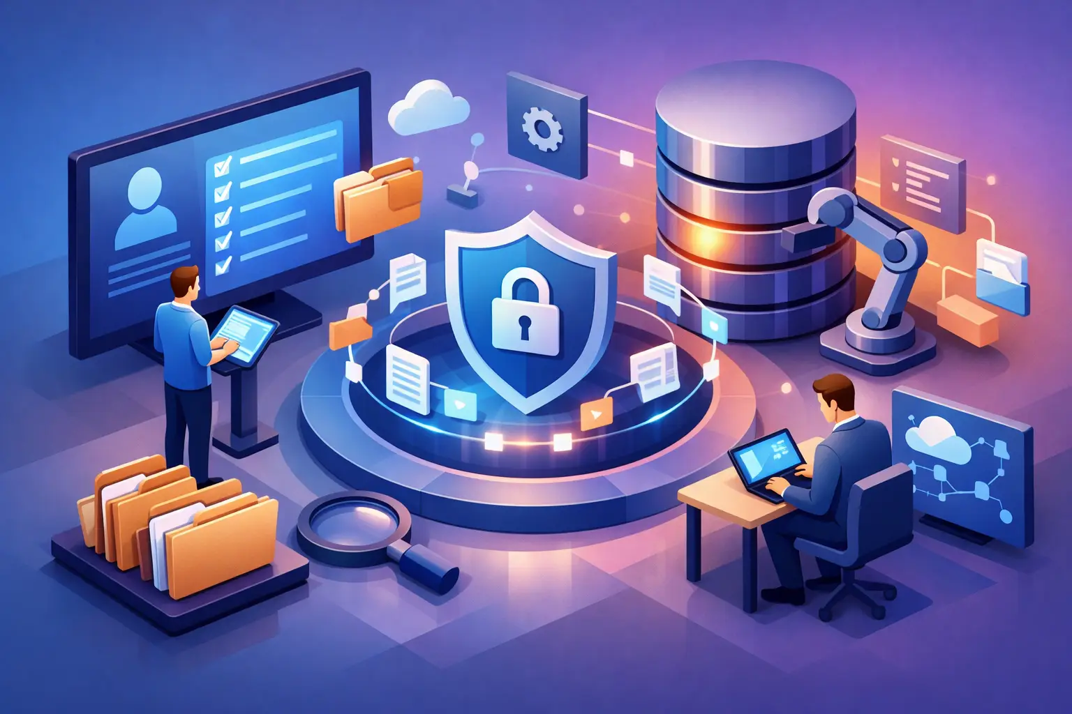 Isometric illustration of DSAR management software with secure data, workflows and team collaboration