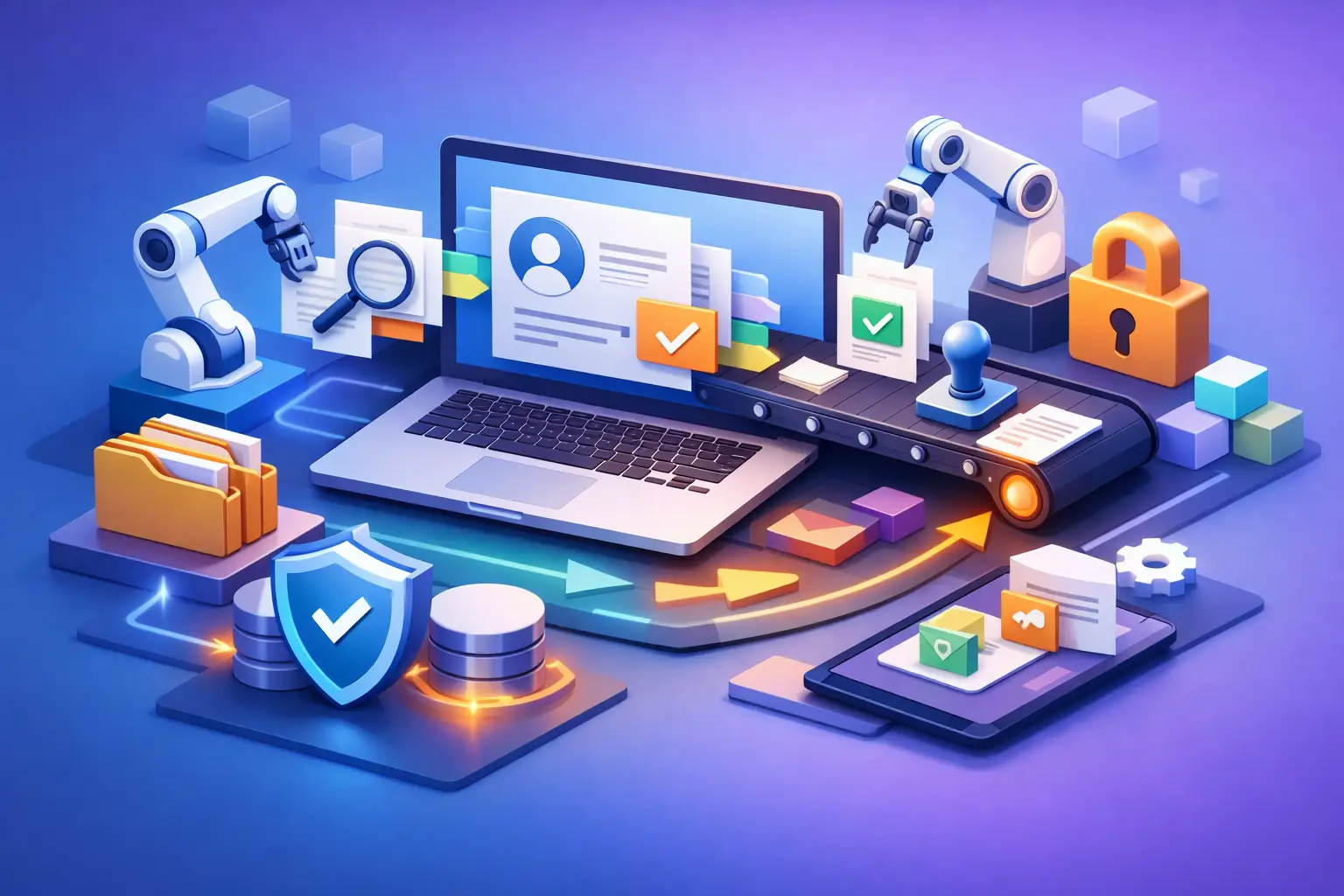 3D illustration of DSAR workflow automation with laptop, robotic arms processing request documents on a conveyor, evidence folders and security shields