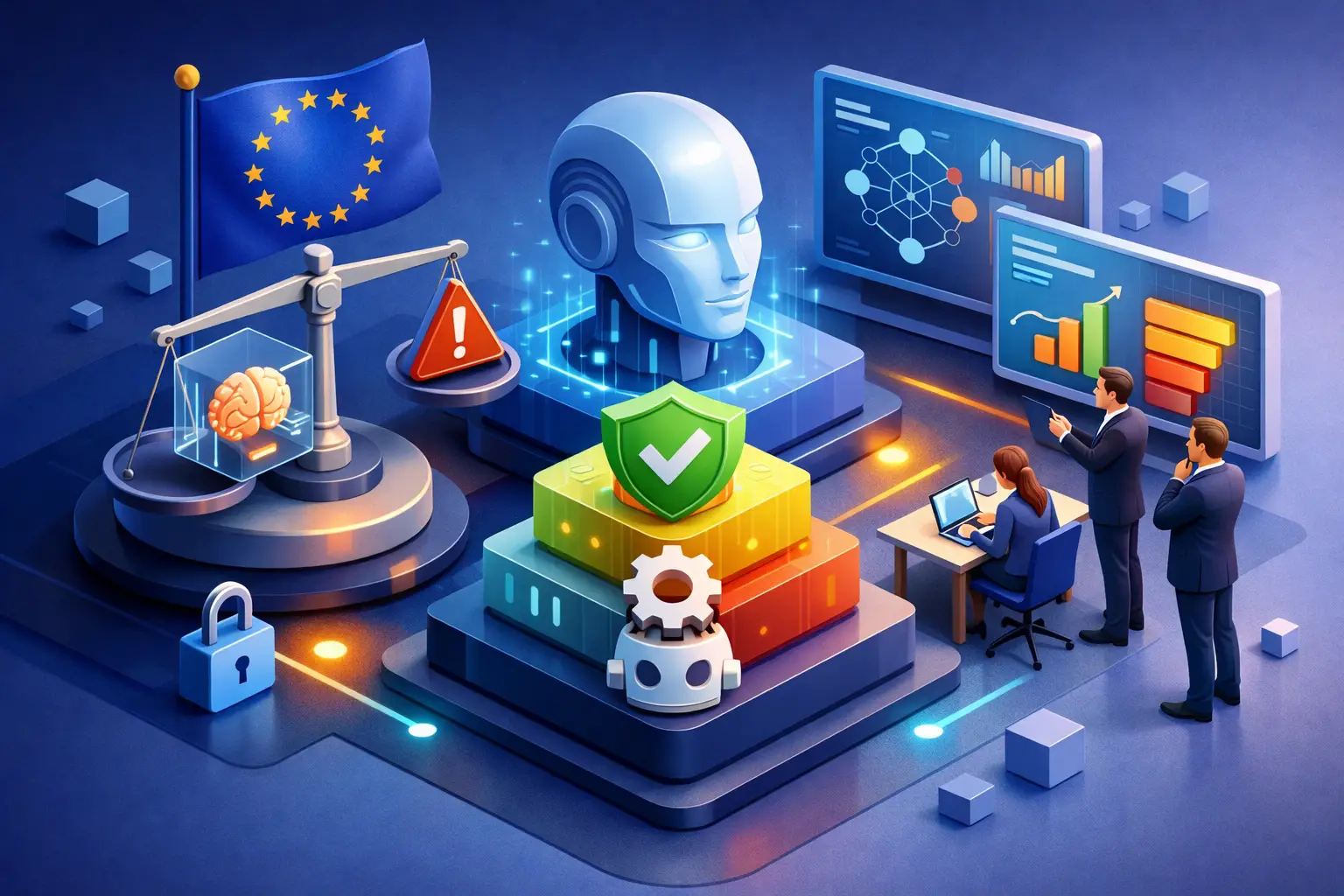 Isometric illustration of EU AI Act risk tiers with EU flag, AI head, balancing scales and analysts reviewing governance dashboards