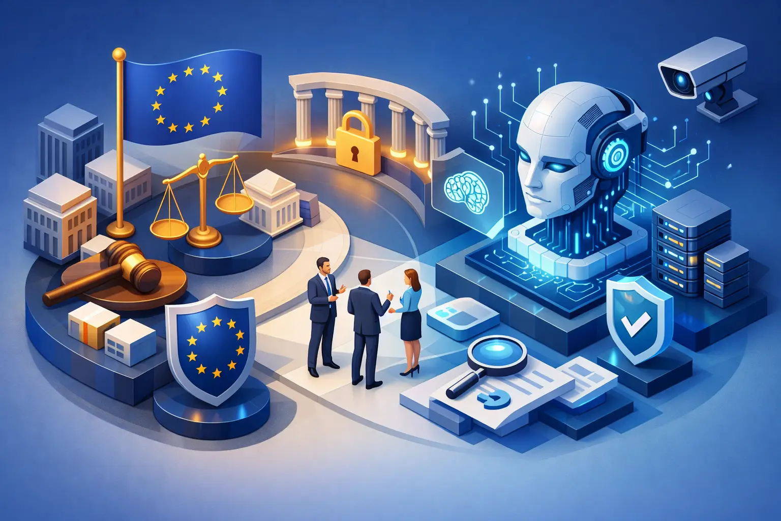 Isometric illustration of EU institutions, legal scales and an AI system representing EU AI Act compliance