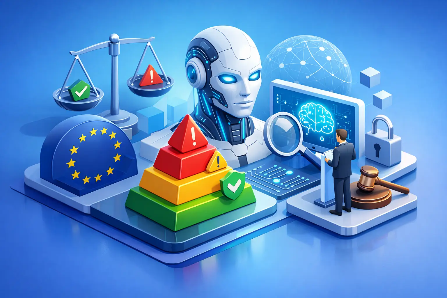 Isometric illustration of an EU AI Act risk classification tool with a tiered risk pyramid, AI figure, EU emblem, scales of justice and a compliance reviewer