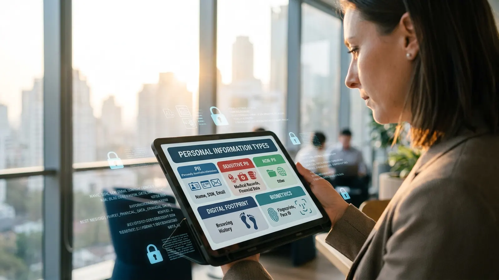 Privacy professional reviewing a tablet dashboard showing personal information types, sensitive PII and biometrics