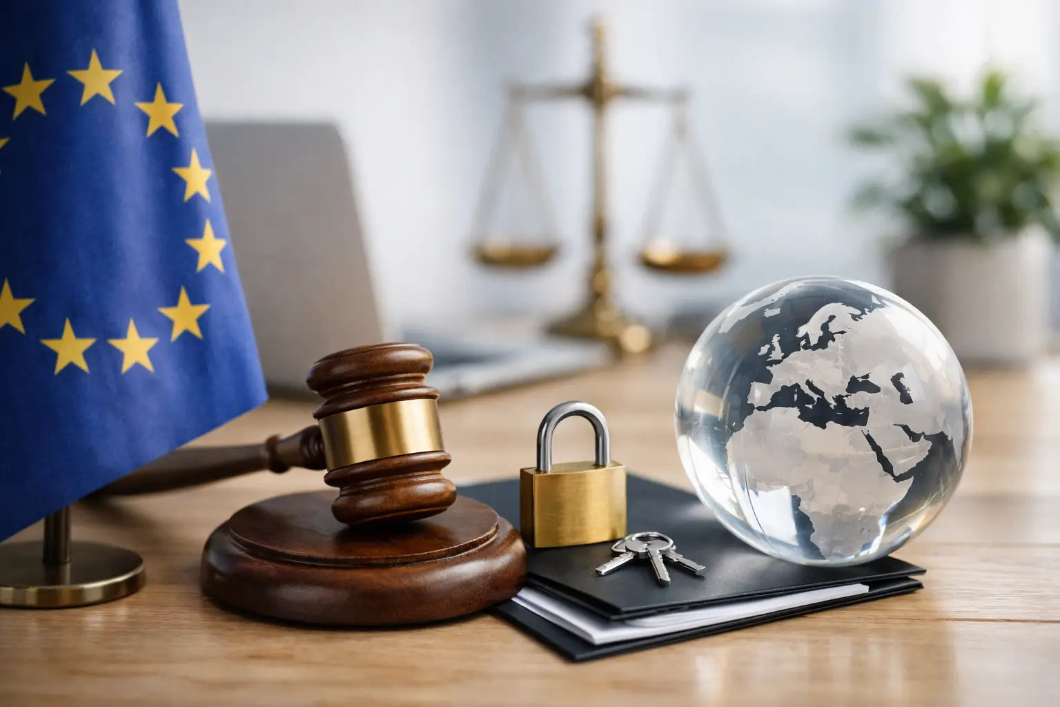 EU flag, gavel and padlock representing GDPR Article 27 representation for non-EU organisations