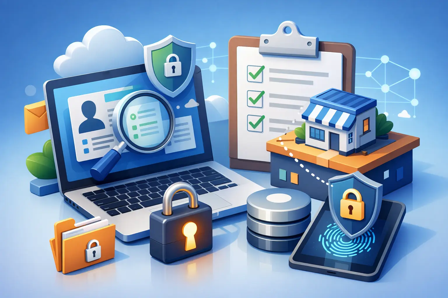 3D illustration of a vendor privacy review with laptop, magnifier over supplier profile, checklist clipboard, padlocks and supplier storefront