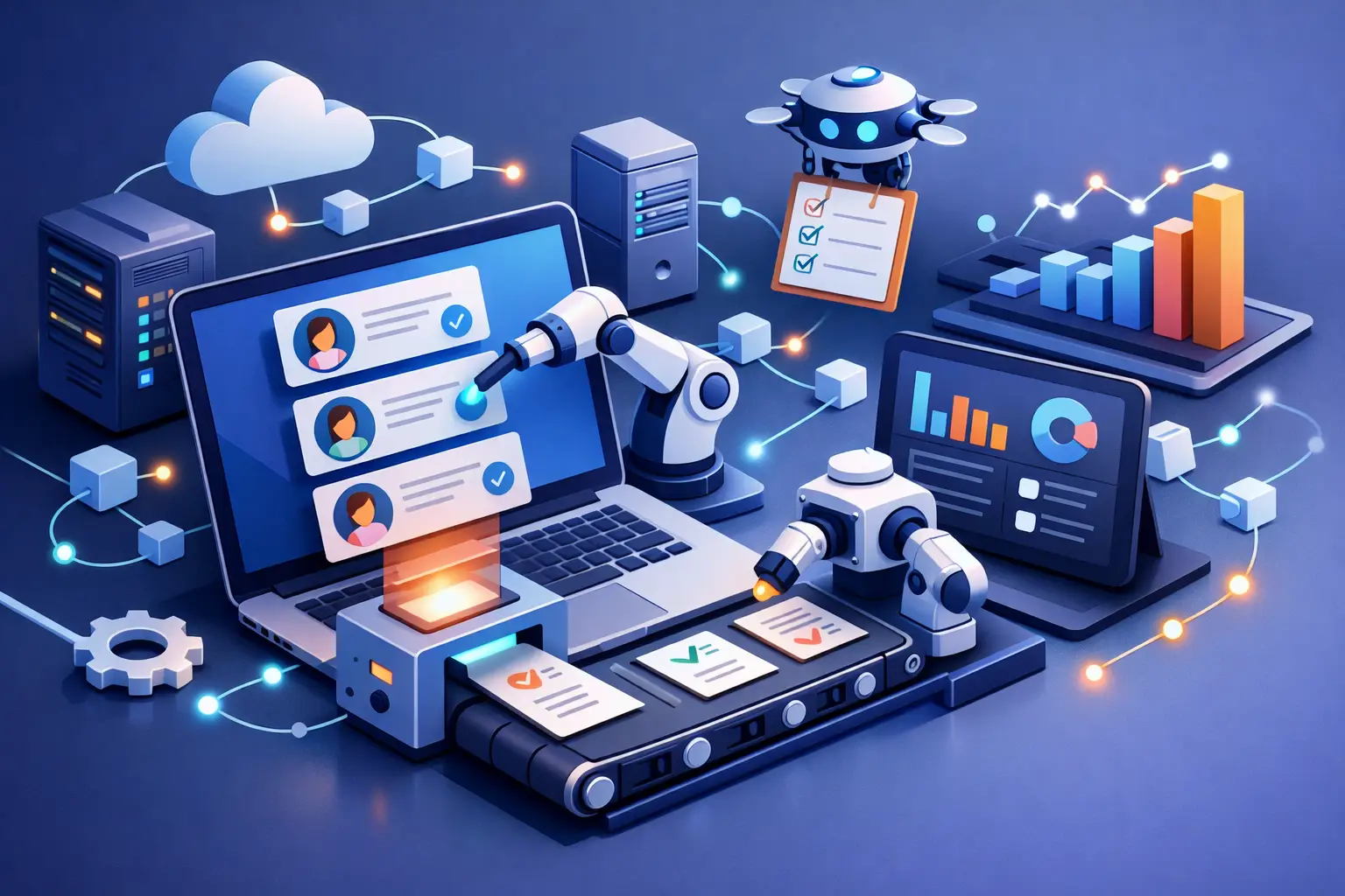 Isometric illustration of automated LIA assessment workflow with laptop dashboards, robotic arms processing checklists and connected governance records