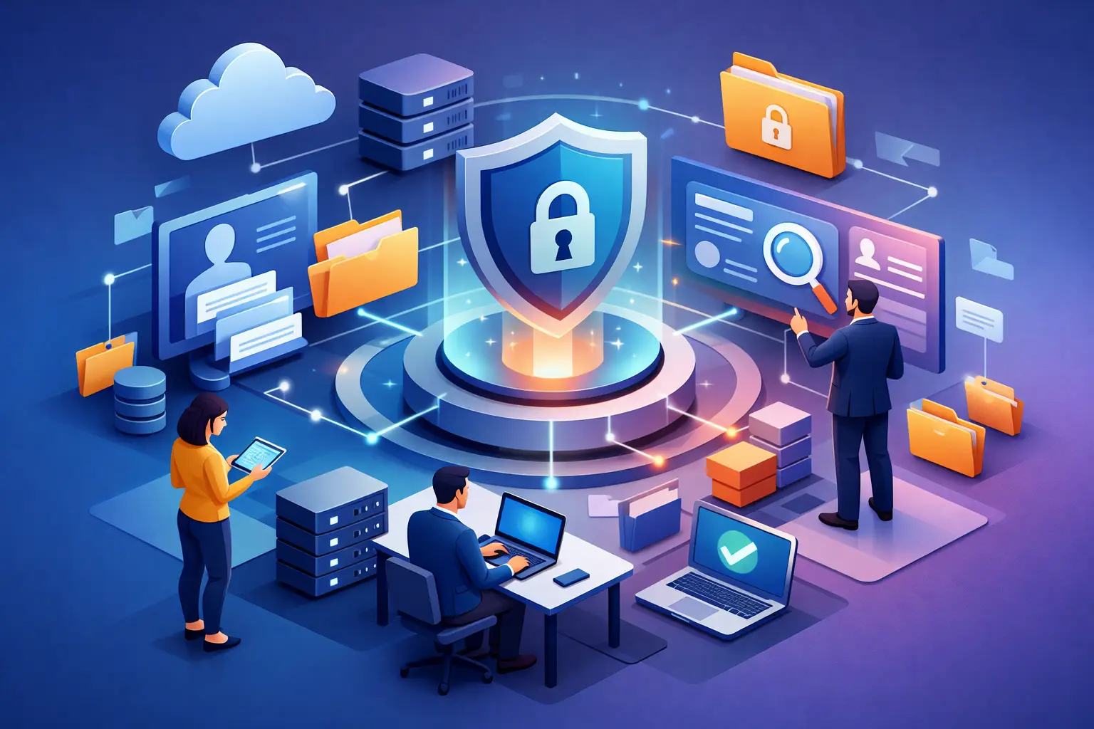 Isometric 3D illustration of centralised DSAR operations with secure case records, folders, search dashboards and privacy team members