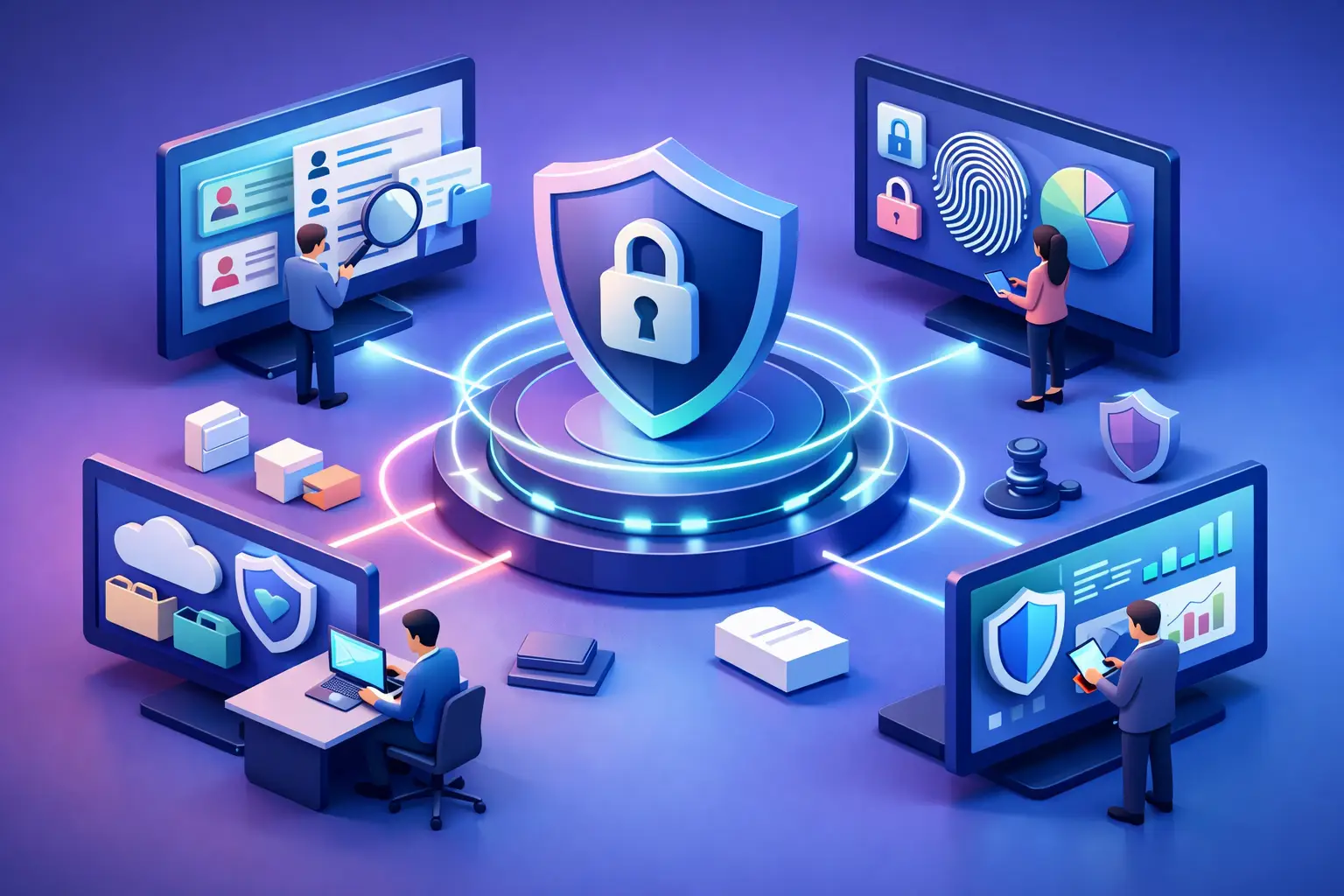 Isometric illustration of centralised privacy assessments with a central security shield and connected review dashboards