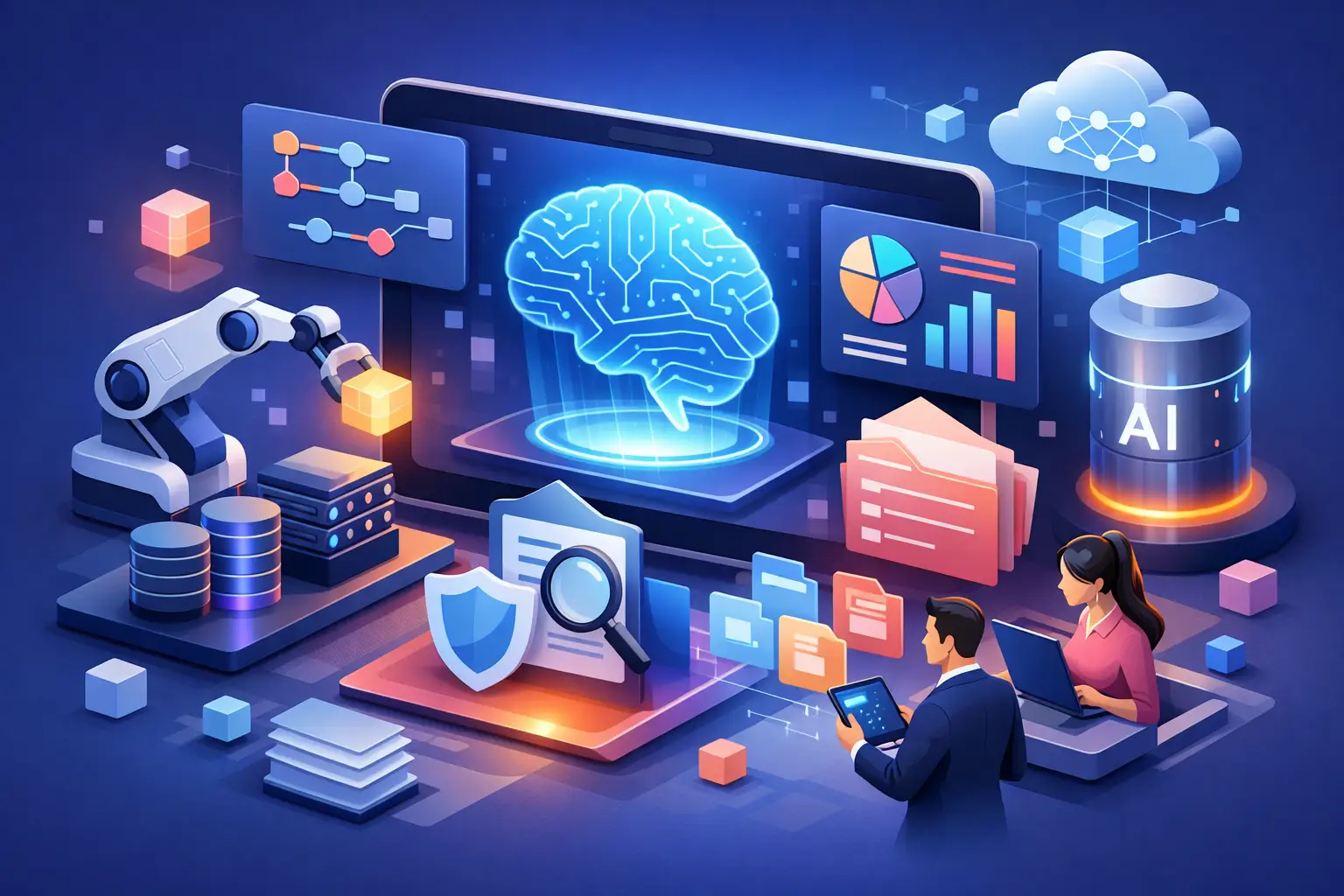 3D illustration of AI inventory documentation with a neural network display, data records, shields and governance analysts