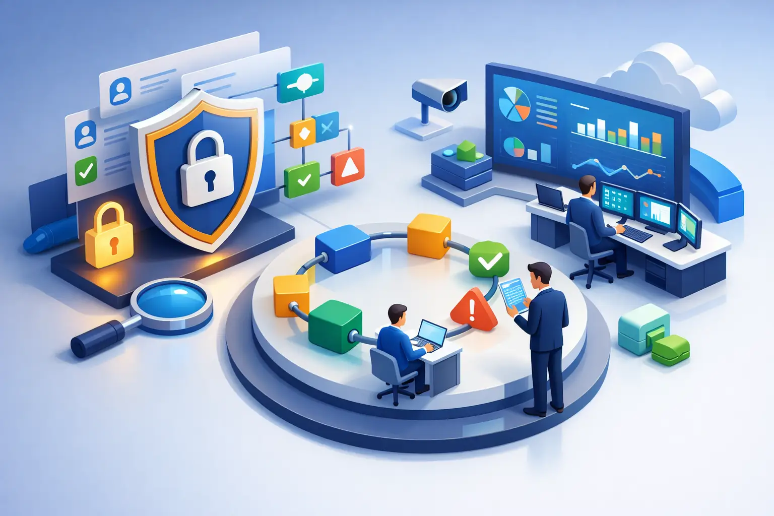 3D illustration of a DPIA workflow cycle with risk stages, security shield, analysts reviewing dashboards and approval checkpoints