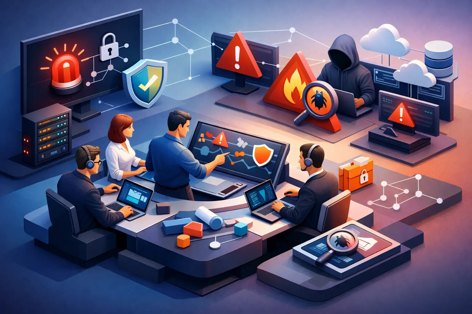 Isometric illustration of an incident response team at a control desk reviewing alerts, threat indicators and secured evidence records