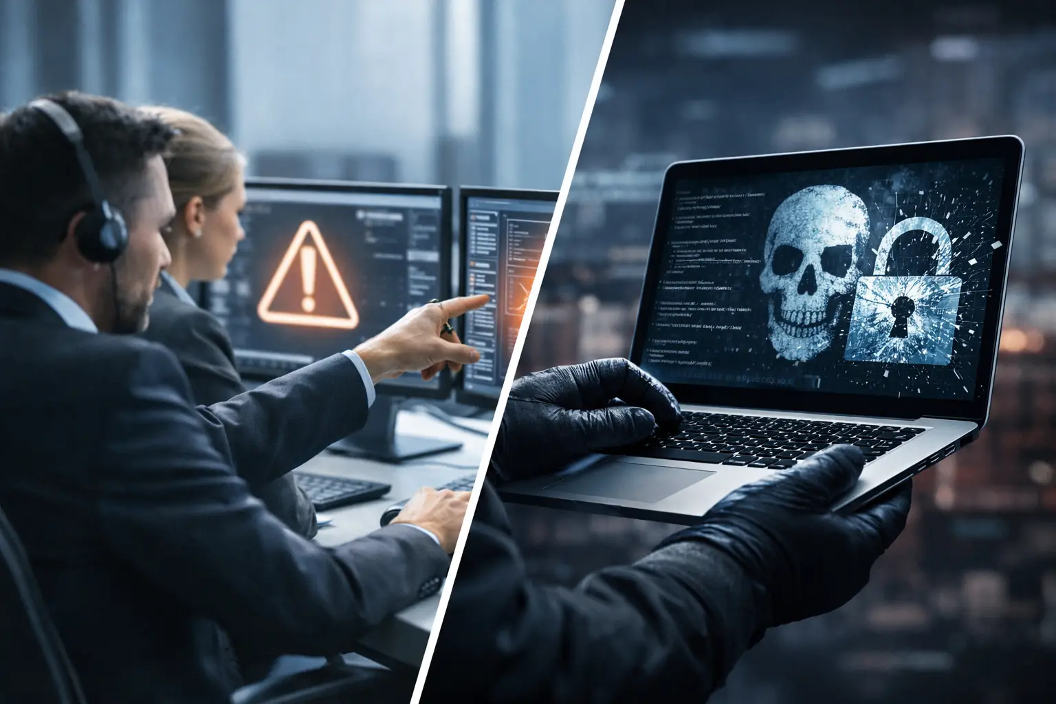 Split image contrasting a security operations team triaging an alert with a hacker breaching a laptop