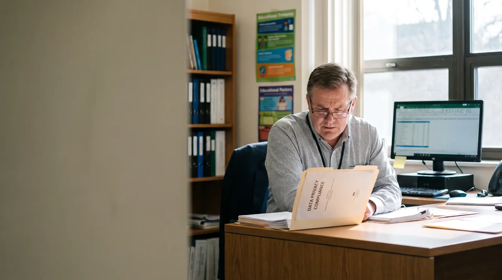 School administrator reviewing a data privacy compliance file at his desk