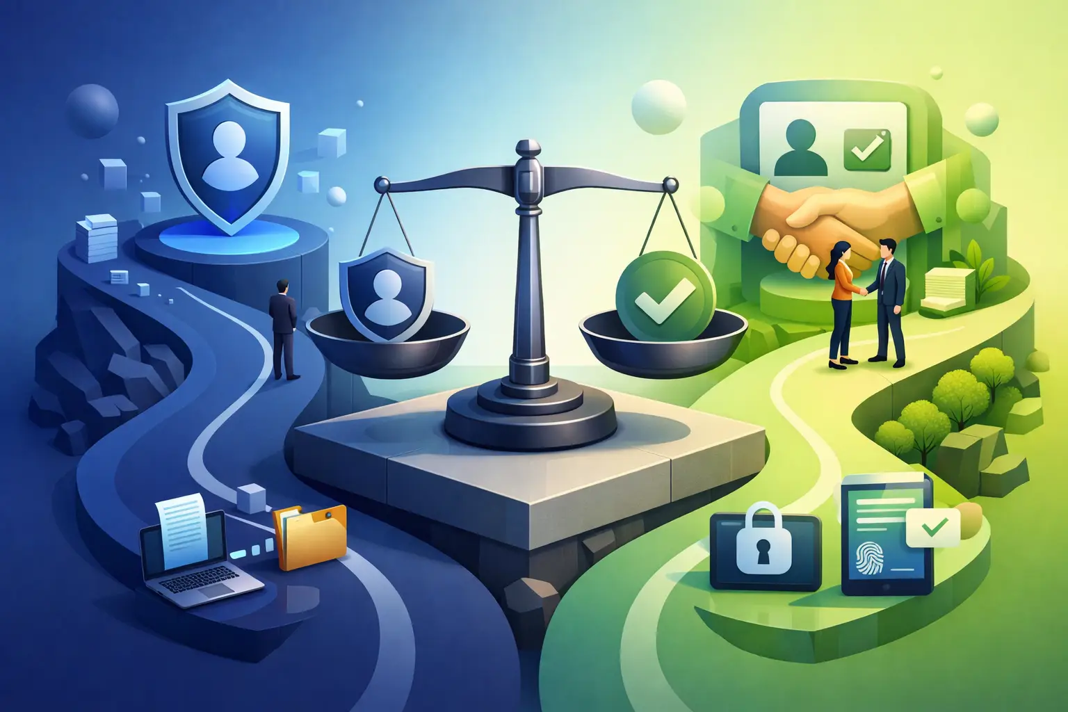 Isometric illustration of balancing scales weighing a privacy shield against a consent checkmark on two diverging paths