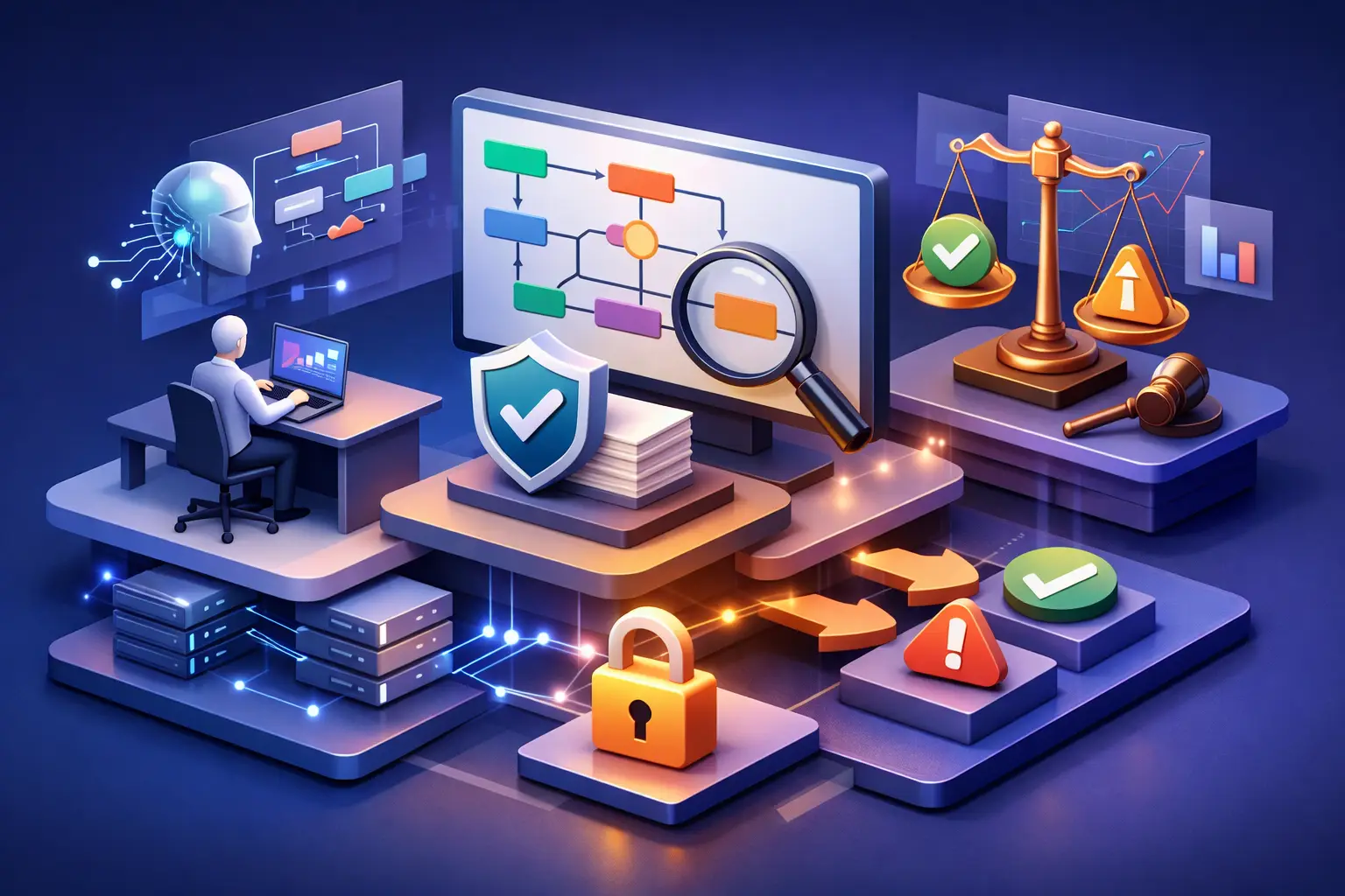 3D illustration of a legitimate interest assessment workflow with process diagram, magnifier, scales of justice and approval checkpoints