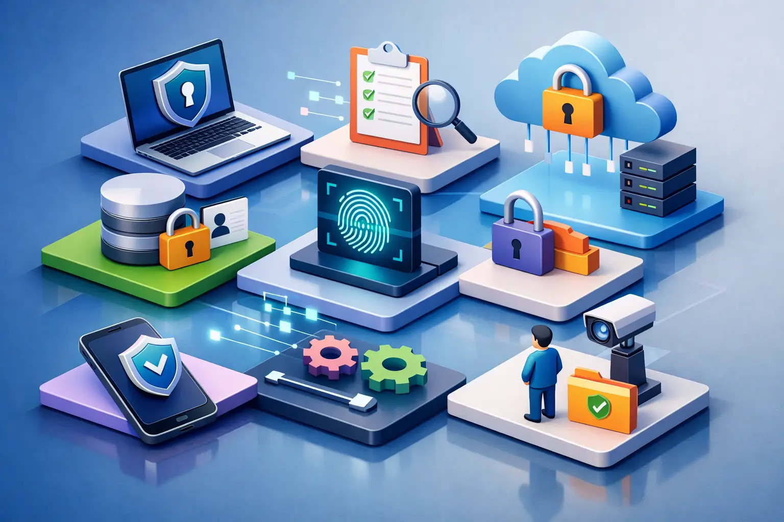 Isometric 3D illustration of privacy controls with secured laptop, checklist, cloud lock, biometric panel and monitored records