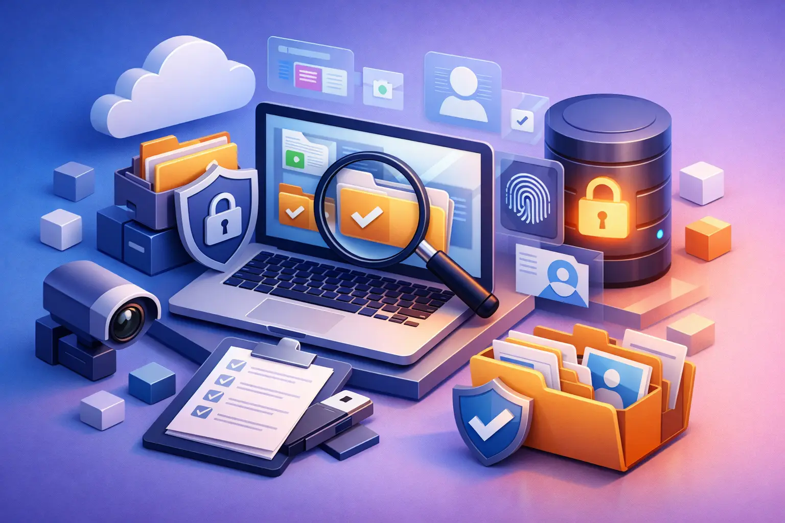 3D illustration of a privacy evidence repository with secured folders, magnifier, checklist and encrypted database storage