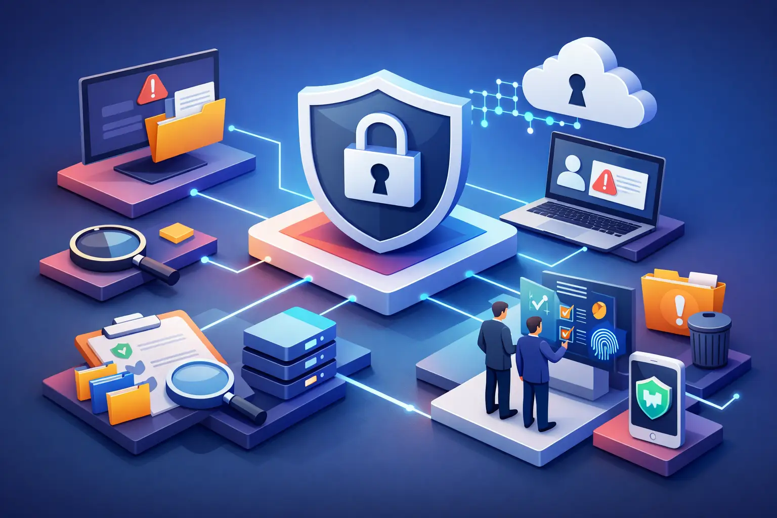 3D illustration of privacy incident response with alert screens, security shield, evidence records and a response team reviewing a case