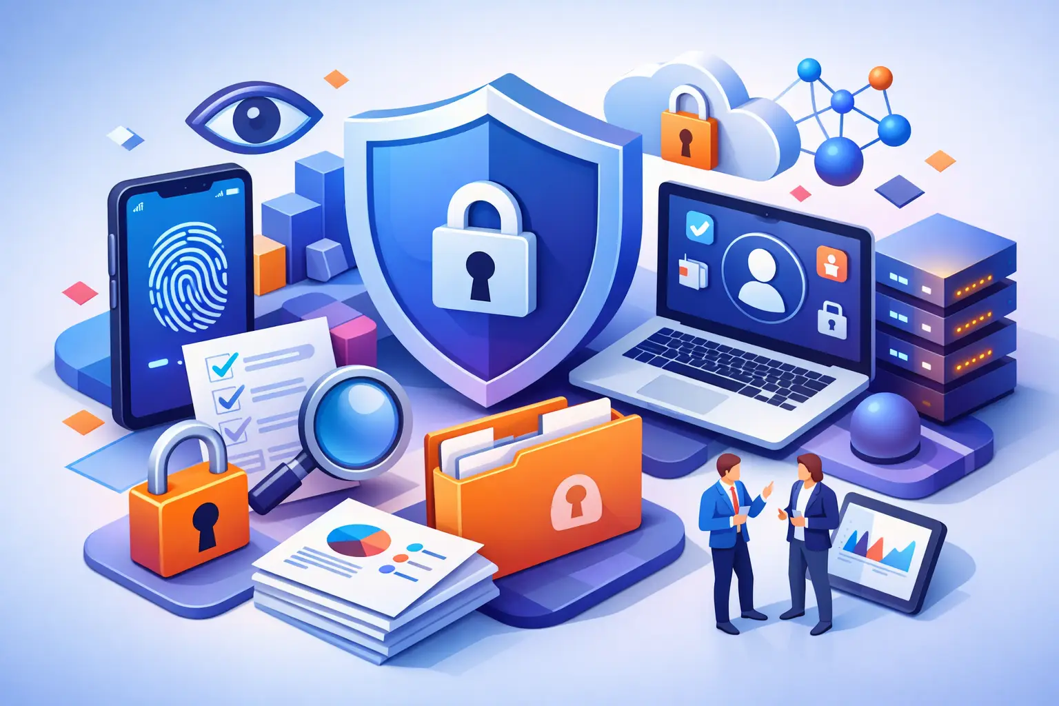 3D illustration of enterprise privacy operations with shield, padlocks, fingerprint on phone, evidence folders, analytics dashboards and reviewers