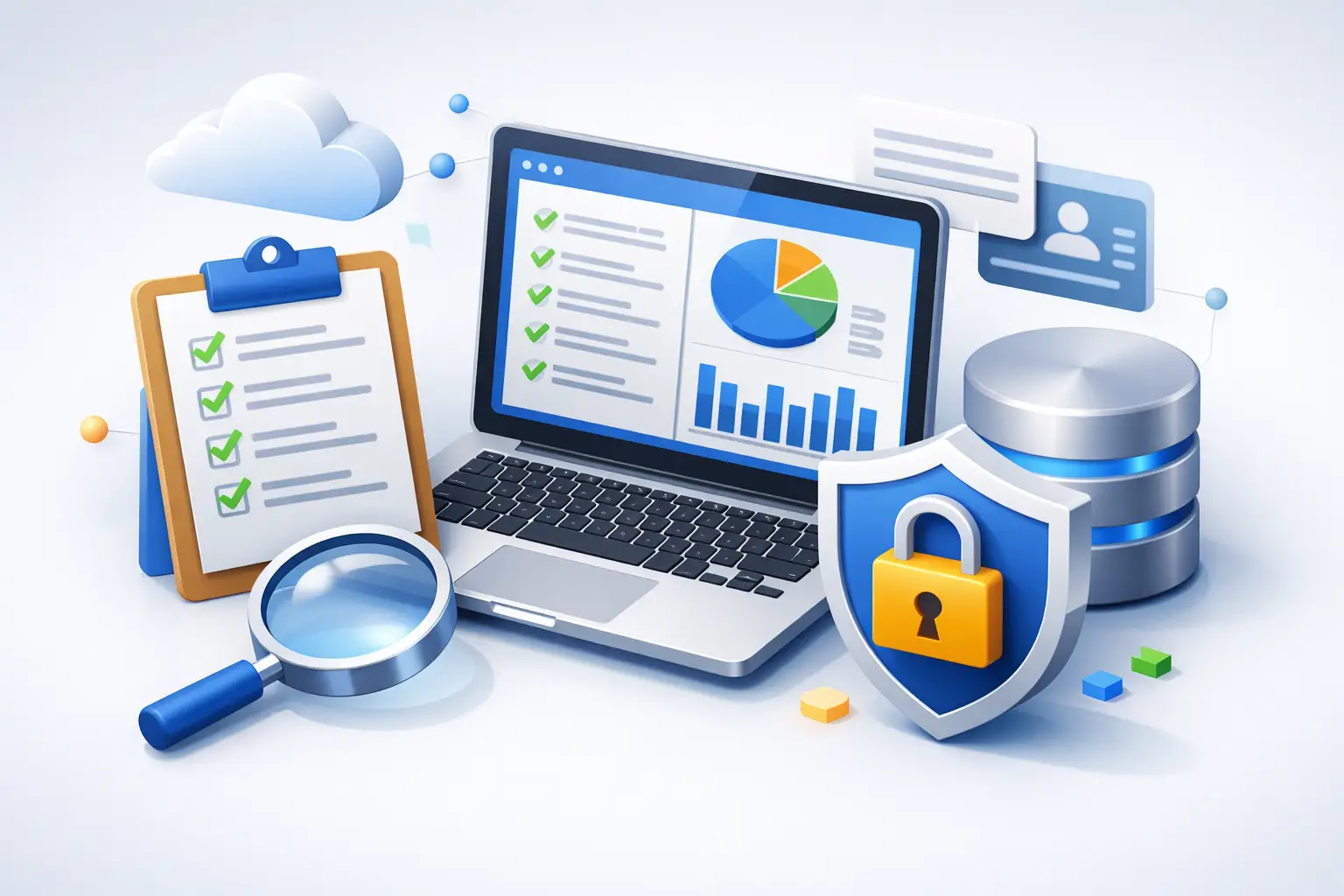 Isometric illustration of records of processing activities software with checklists, dashboards and secure data