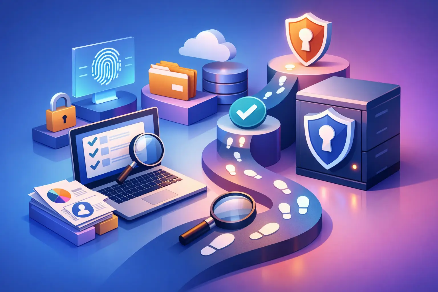 3D illustration of a ROPA audit trail with laptop, magnifier, footprints trail, evidence folders, cloud storage and security shields