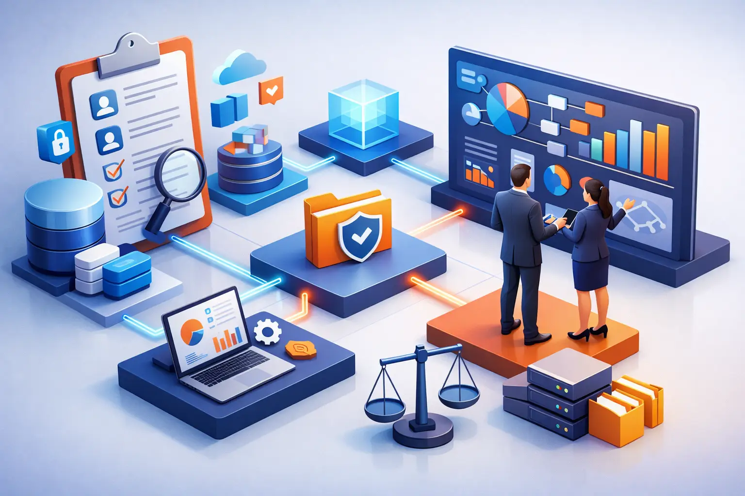 Isometric illustration of ROPA governance with record checklist, data stores, analytics dashboard and governance team reviewing entries