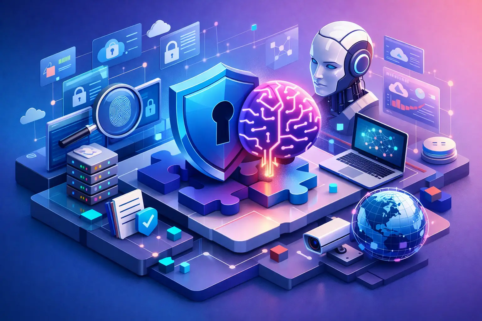 Isometric illustration of a unified privacy and AI governance platform with shield, AI brain, dashboards and connected data systems