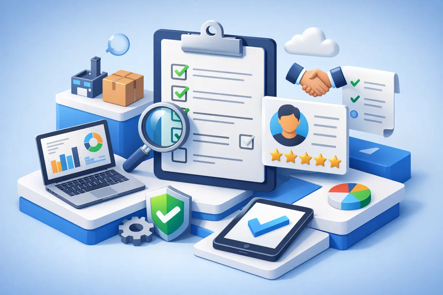 Clipboard with vendor checklist, laptop analytics and supplier profile card illustrating vendor review controls