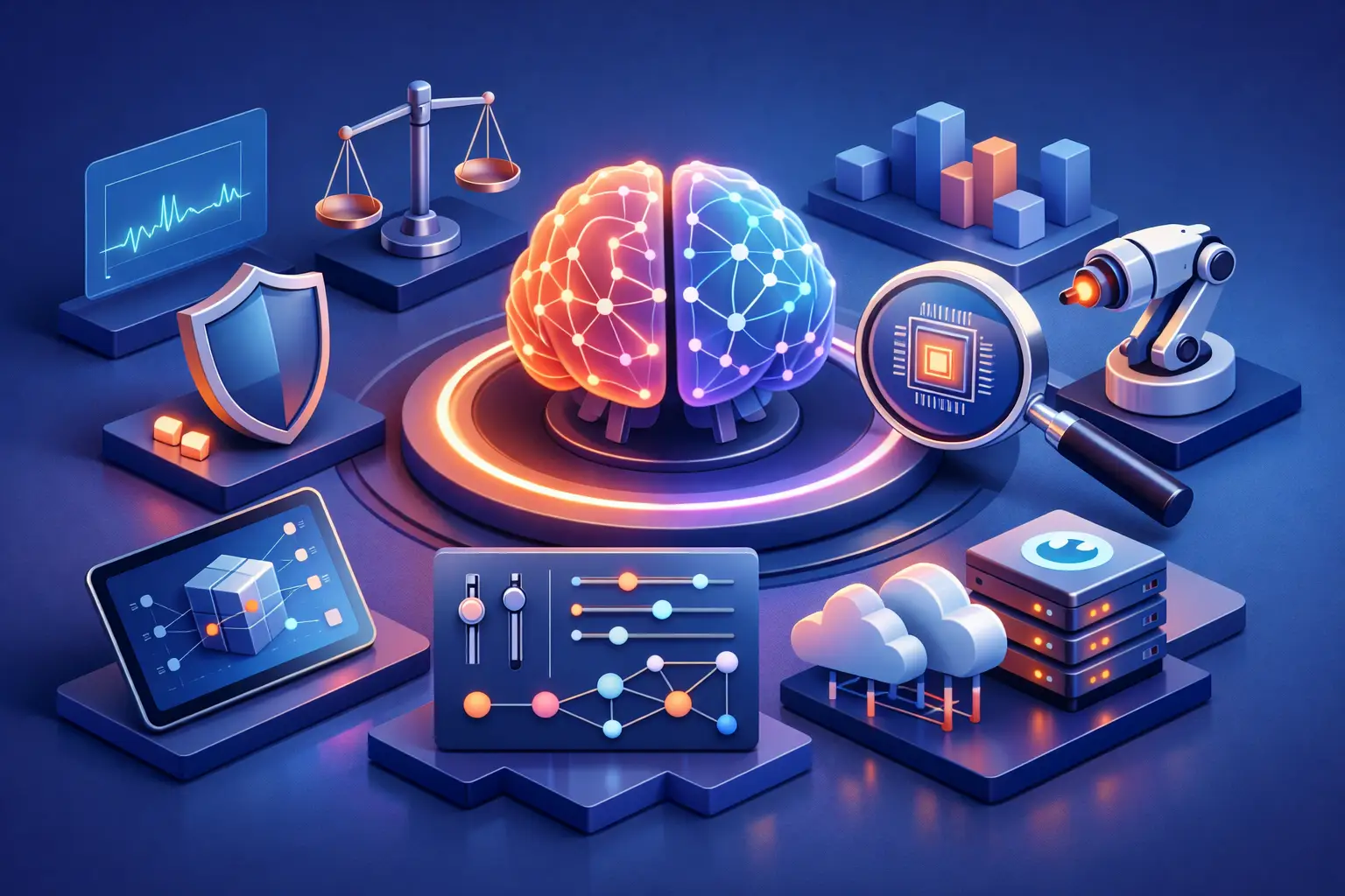 Isometric illustration of an AI governance platform with a central brain, risk scales, monitoring dashboards, vendor and cloud systems
