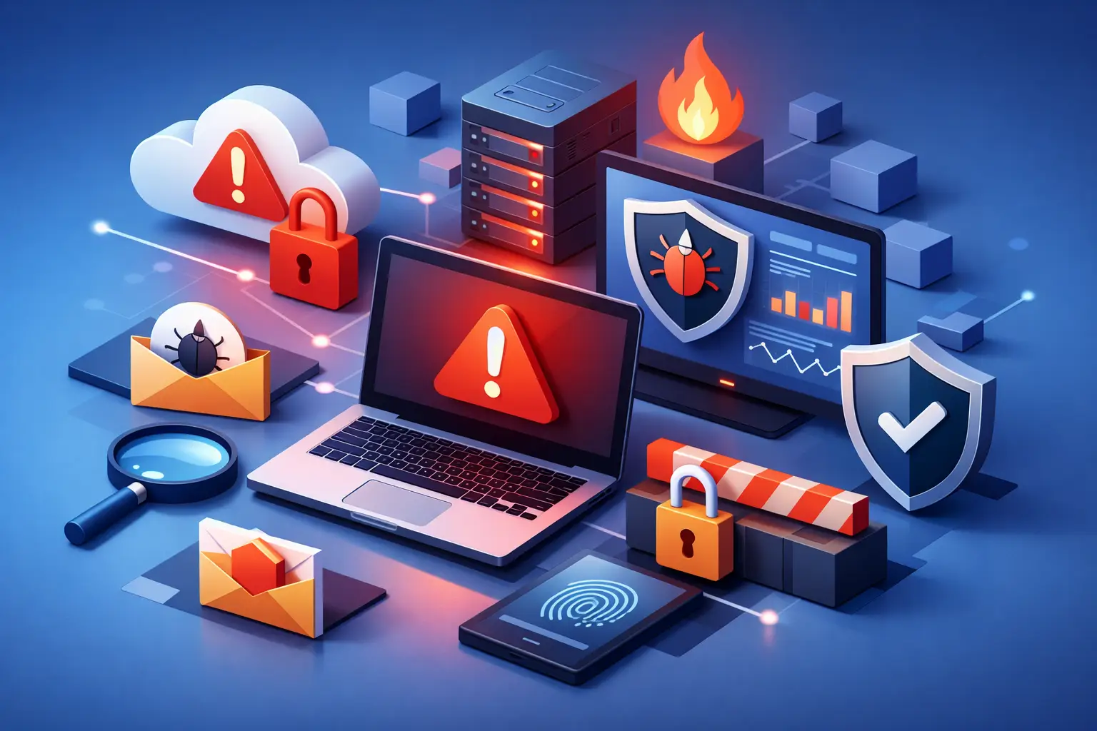 Isometric illustration of breach incident management software with alerts, secure devices and connected workflows