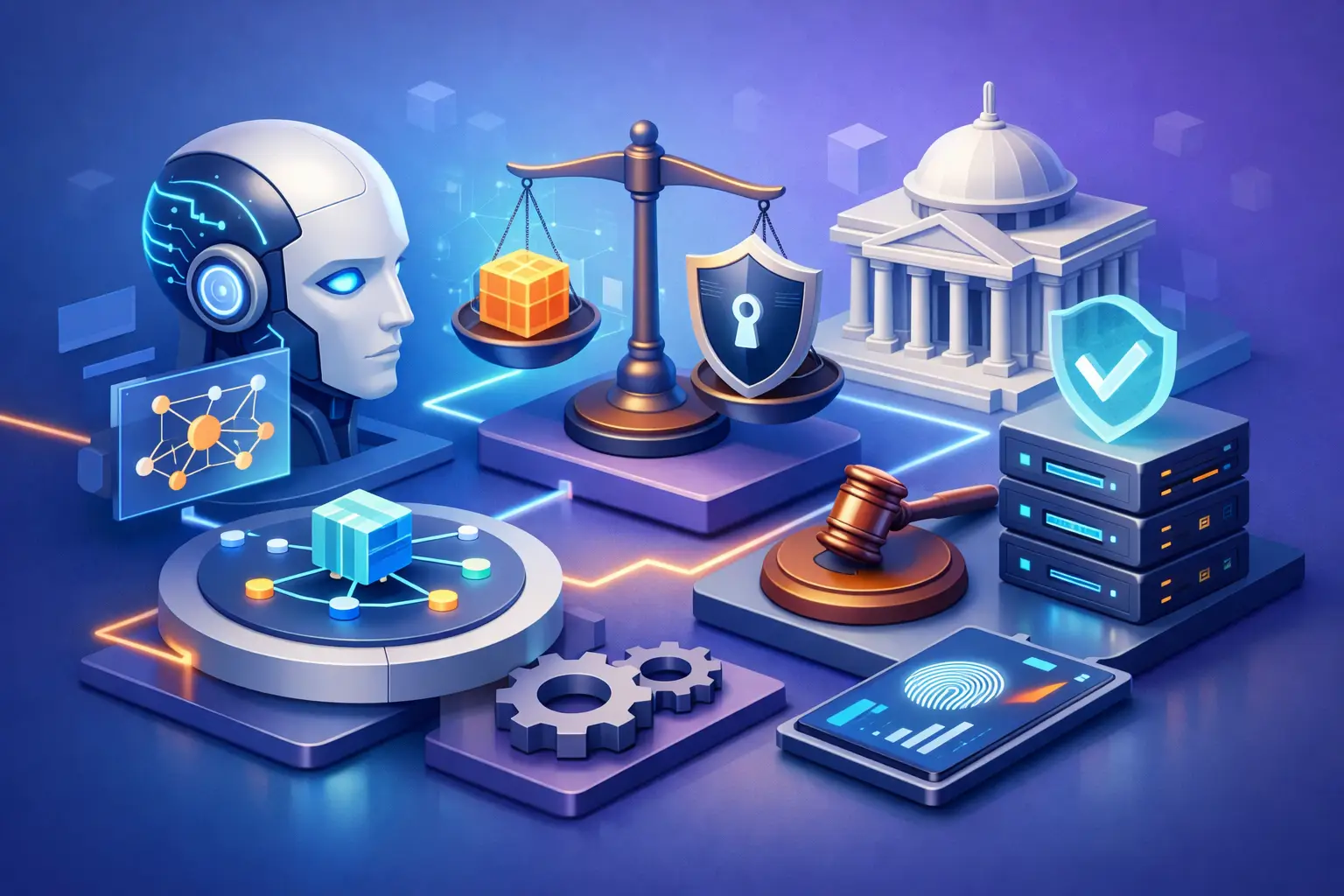 Isometric illustration of AI governance concepts: an AI head, scales of justice, regulatory building, gears and a fingerprint dashboard
