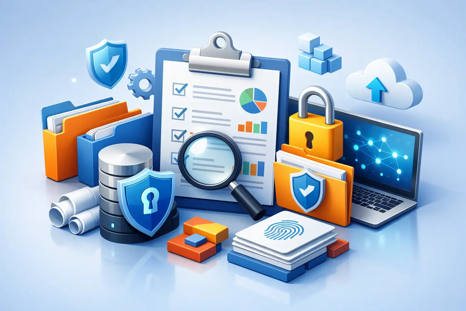 Isometric illustration of records of processing activities with checklists, dashboards, secure folders and audit evidence